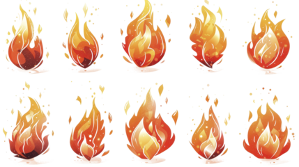 A series of ten stylized flames, with varying shapes and vibrant colors of red, orange, and yellow, depicting different animations of fire.