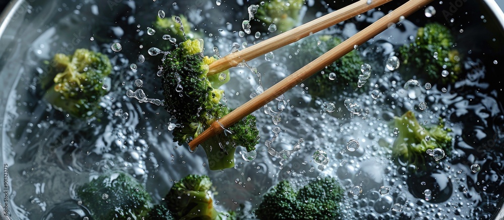 Poster broccoli being boiled alongside chopsticks in water with copy space image