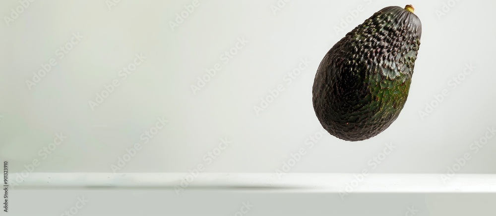 Aufkleber A ripe avocado hovering in mid air against a white backdrop emphasizing healthy food and the concept of levitation with empty space for custom text or images. Creative banner. Copyspace image