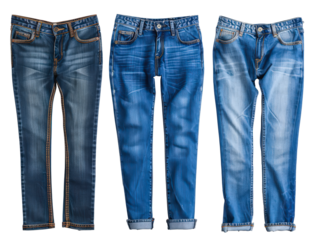 Three pairs of blue jeans with different shades and fading, neatly displayed side by side on a white background.