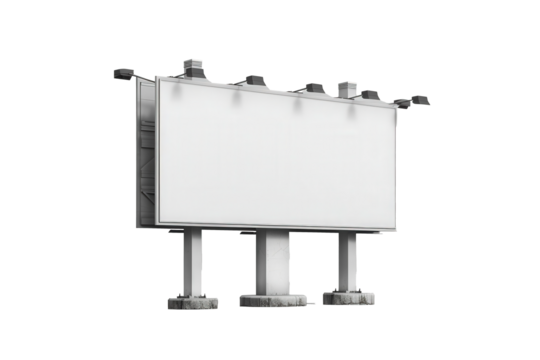A blank white billboard standing on three supports, illuminated by five overhead lights, ready for advertising or informational content.