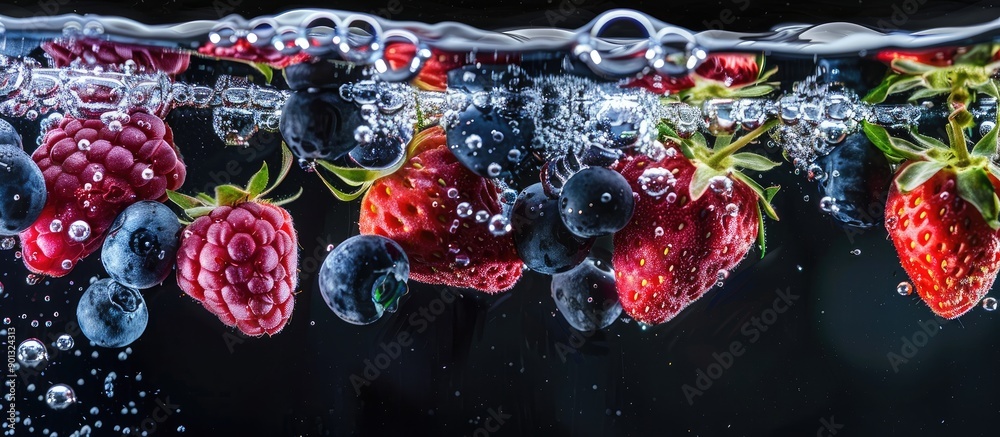 Aufkleber Fresh berries cascading into water against a black background with copy space image depicting a concept related to fruit vegan food and vibrant colors