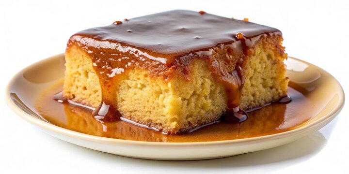 Delicious traditional Malva pudding, a sweet South African dessert, served warm on a white plate, isolated on a transparent background with a soft focus effect.