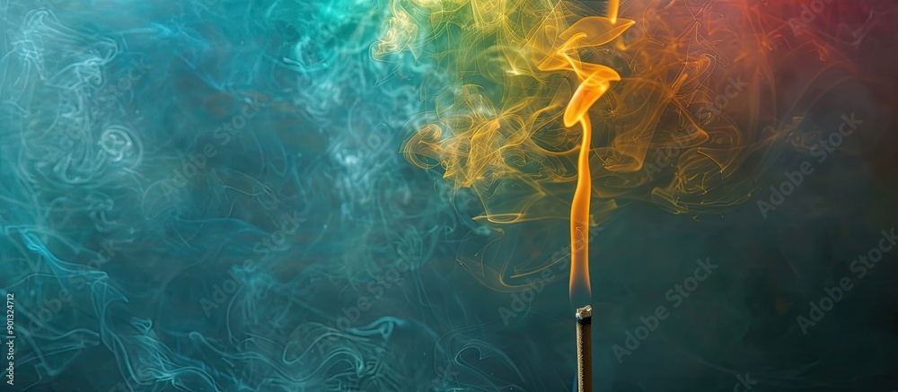 Poster A photo of colorful smoke drifting from an incense stick in a studio setting with copy space image