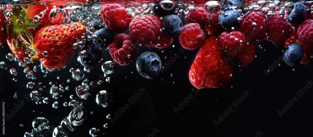 Aufkleber fresh berries cascading into water against a black background with copy space image depicting a conc
