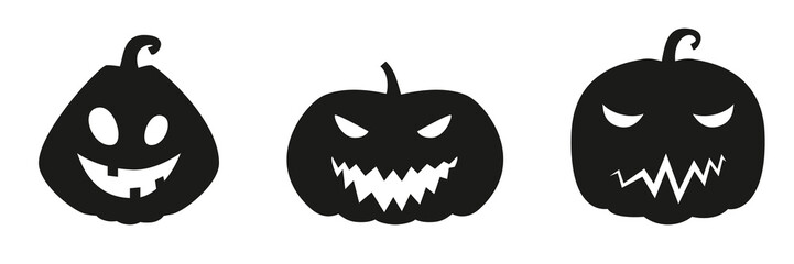 Collection of funny and scary ghost or pumpkin faces for Halloween. Vector illustration isolated on white background