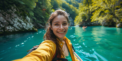 caucasian woman. A young woman smiling as she takes a selfie in a kayak on a mountain river.