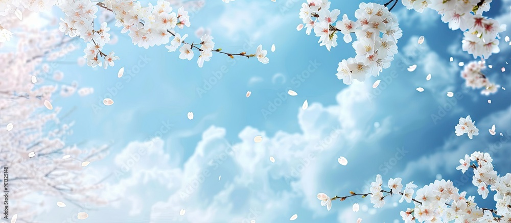 Aufkleber cherry blossom branches and flowers in spring against a blue sky with clouds create a serene natural