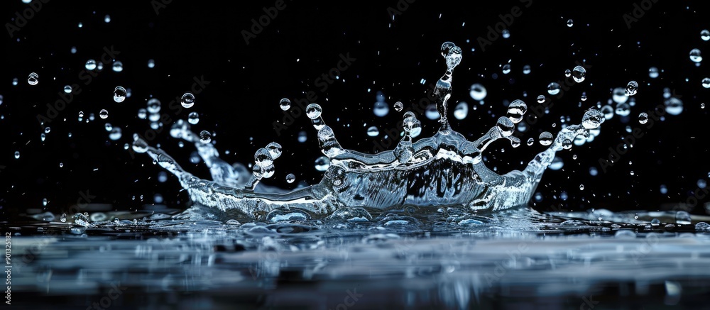 Poster Close up water splash with motion on black background offering free copy space image with selective focus