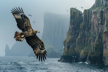 Fototapeta premium Eagle flying over towering cliffs