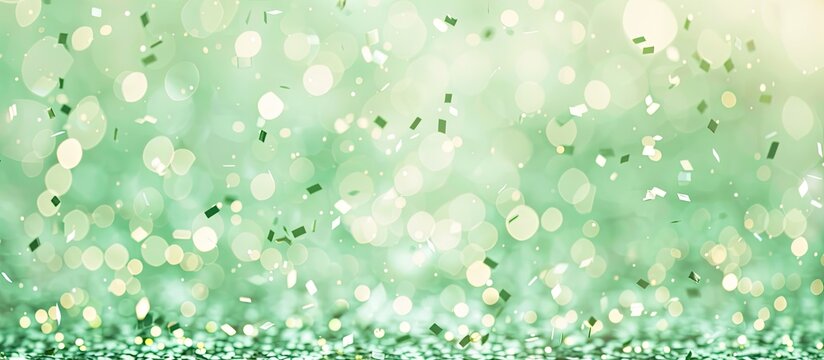 Festive confetti glitter backdrop with trendy monochrome bokeh lights in pastel green shades perfect copy space image