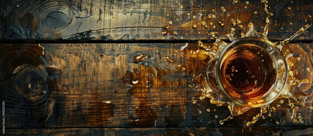Poster Celebrate International Whiskey Day with a top down view of a whiskey bottle and glass on a wooden surface with splashes creating an artistic touch in the copy space image