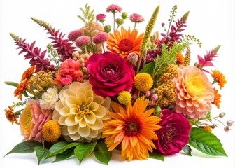 Delicate roses, dahlias, gladiolus, tobacco flowers, marigolds, and leaves of host, astilbe, and ricinus communis isolated on a clean white background, showcasing a vibrant floral composition.