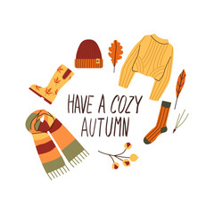 Autumn hand drawn lettering have a cozy autumn. Fall season handwritten slogan. Autumn phrase with cute cozy design elements isolate on white.