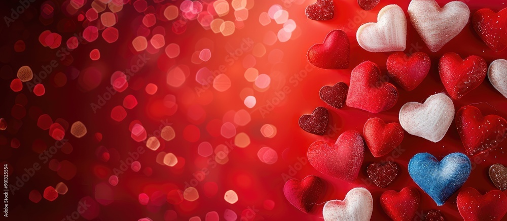Aufkleber valentine s day or wedding themed greeting card featuring colorful hearts on a red backdrop with cop