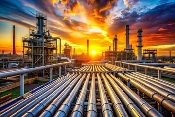 Fototapeta premium Vibrant sunset casts a warm glow on the sprawling network of steel pipelines and crude oil refineries, symbolizing the heart of the energy production industry.