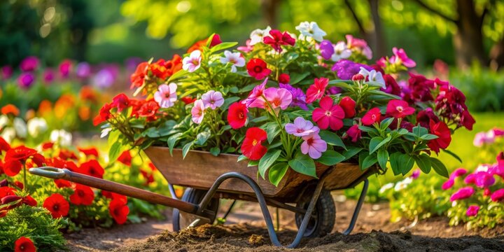 Colorful impatiens flowers in flats overflowing from a rusty wheelbarrow, amidst lush greenery, waiting to be planted in a vibrant spring garden setting.