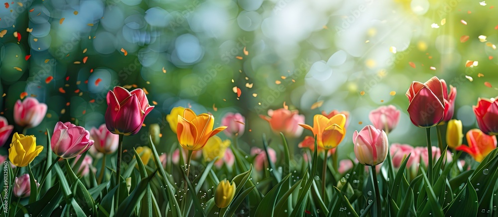Poster a vibrant meadow in spring with colorful tulips provides a natural floral setting perfect for an eas