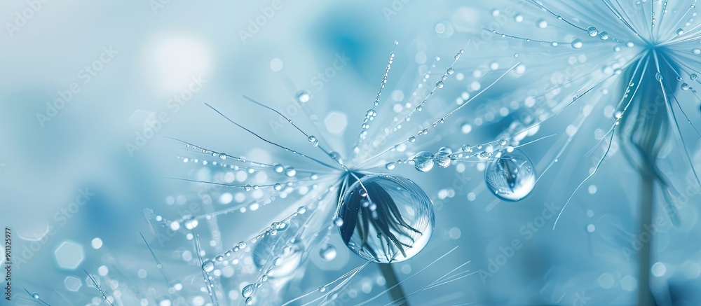 Poster macro image of water droplets on a dandelion seed with a soft blue background provides a circular ab