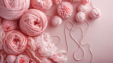 Fototapeta premium Pink yarn and pom poms on a pink background