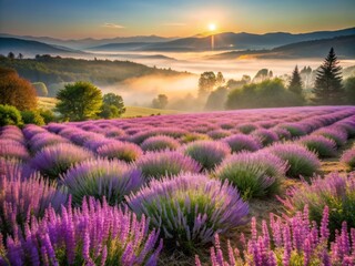 Fototapeta premium Soft morning light illuminates a serene field of clary sage in Provence, France, before sunrise, with misty fog rolling over the rolling hills and lavender blooms.