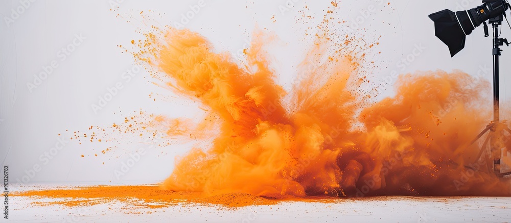Poster capture the moment of orange powder burst on a white backdrop in a freeze frame leaving room for add