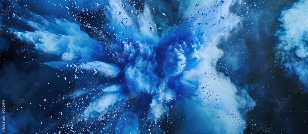 Poster A freeze frame image capturing an explosion of blue powder against a splattered background with ample copy space
