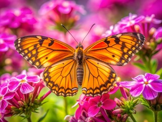 Obraz premium Vibrant orange and yellow butterfly perches on delicate pink creeping phlox flowers in a lush summer meadow, showcasing intricate wing patterns and nature's beauty.