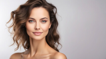 A woman with chestnut hair styled in loose waves looking confidently at the camera, highlighting her natural charm and grace.