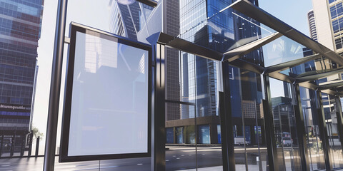 Naklejka premium high-quality image featuring an empty poster mockup displayed at a bus stop in a bustling modern city.