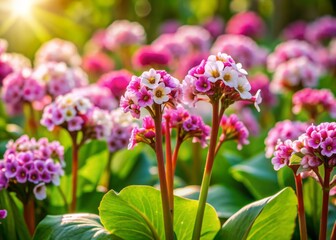 Fototapeta premium Vibrant Bergenia flowers in shades of pink and white bloom in a lush green landscape with ample copy space for text or design elements.