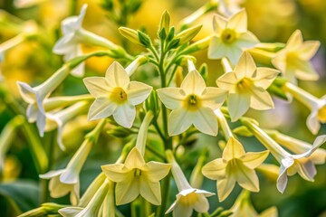 Obraz premium Delicate, trumpet-shaped Nicotiana sanderae flowers with creamy yellow petals and golden centers bloom against a transparent background, exuding sweet, fragrant allure.