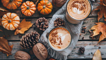 Fototapeta premium Pumpkin butter latte or coffee, keto drink on wooden table with fallen leaves, small pumpkins, pine cones and nuts. Autumn and winter hot drink and beverage