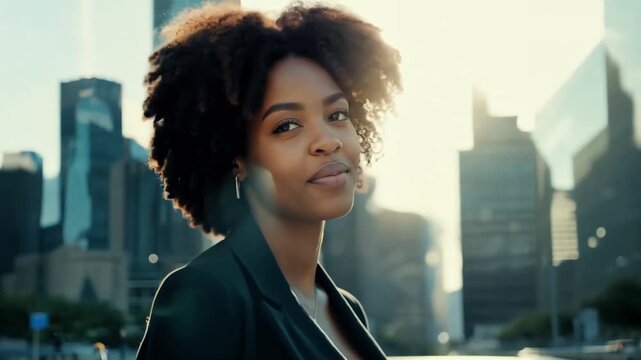 Young woman with afro hairstyle wearing a black jacket standing in an urban setting with bright sunlight behind her