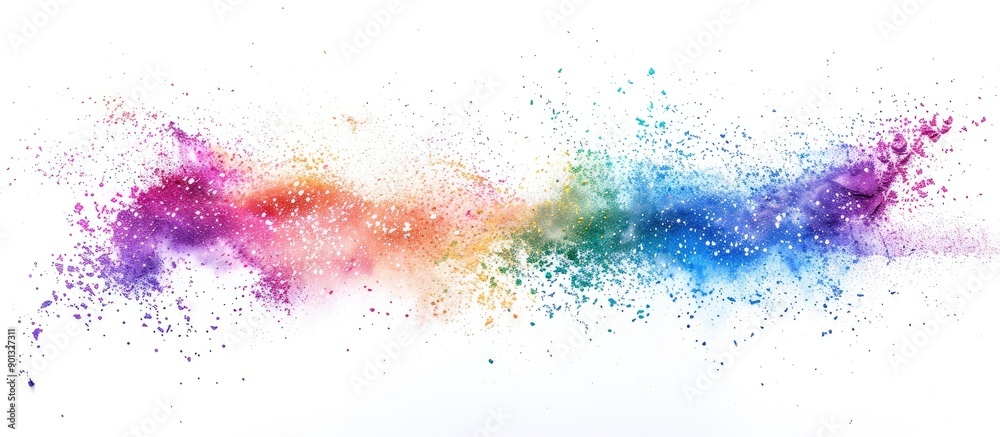 Wall mural freeze motion of colorful powder exploding creating a multicolored glitter texture on a white backgr