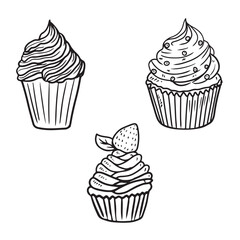 Set of beautiful tasty cupcakes with chocolate cream in black isolated on white background. Hand drawn vector sketch illustration in doodle engraved vintage line art style. Holiday dessert