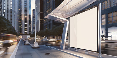 Fototapeta premium high-quality image featuring an empty poster mockup displayed at a bus stop in a bustling modern city.