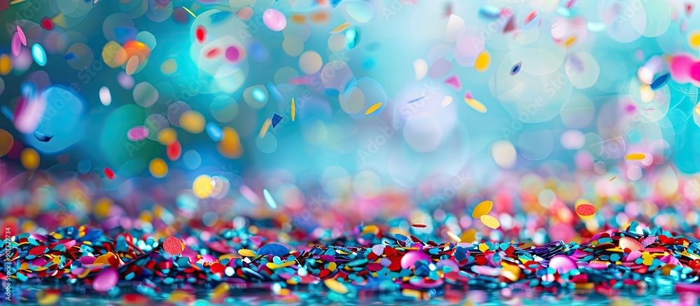 Poster Colorful confetti scattered on a festive carnival party background with ample copy space image