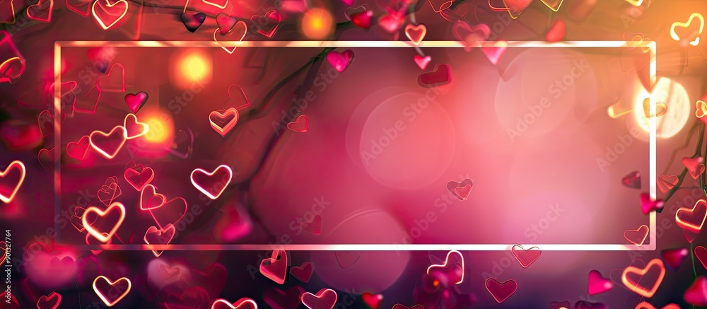 Fototapete A white frame is set against a background of blurred heart shaped lights in red and pink hues creating a colorful banner with copy space for valentine sales ads