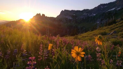 Fototapeta premium Sunset Over Mountain Meadow