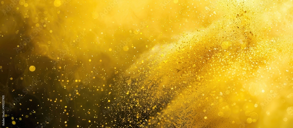 Poster Freeze motion of yellow powder exploding in an abstract powder splattered background with yellow glitter texture ideal for copy space image