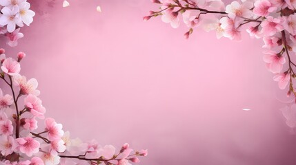 Obraz premium Frame of Sprigs Sakura Cherry Blossoms on pink background.Holiday Concept of spring, 8 march, mother day, april, may, Persian new year.