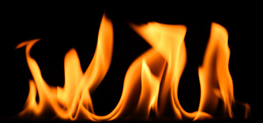 fire on a black background, burning and hot flames, close view