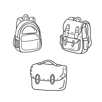 Collection set of school backpacks and cross body bag for books carrying in black isolated on white background. Hand drawn vector sketch illustration in doodle engraved vintage line art style
