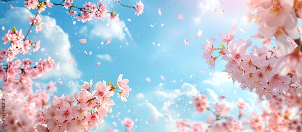 Aufkleber cherry blossom branches and flowers in spring against a blue sky with clouds create a serene natural