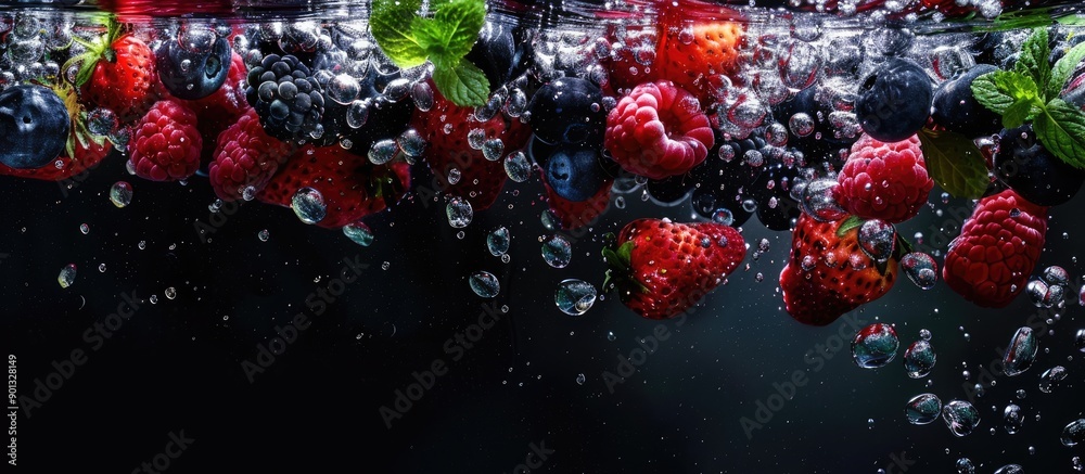Aufkleber Fresh berries cascading into water against a black background with copy space image depicting a concept related to fruit vegan food and vibrant colors