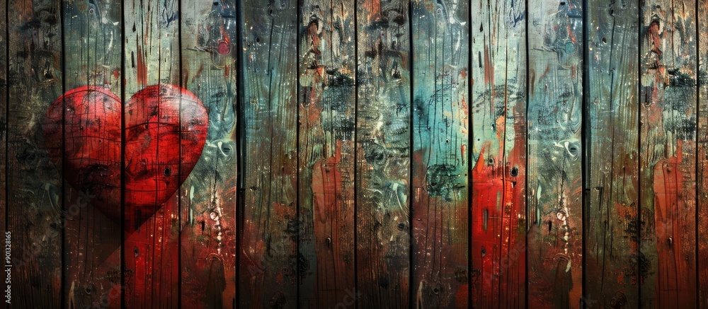 Poster Vintage Valentine background with a heart on wooden planks backdrop featuring a gradient ideal for including text or elements. Creative banner. Copyspace image