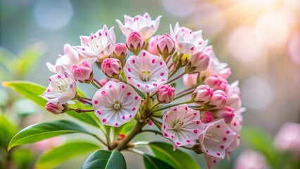 Fototapeta premium Isolated Mountain Laurel flower with delicate pink and white petals on a soft, blurred studio background, showcasing its intricate beauty and subtle colors.