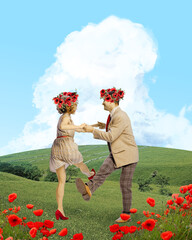 Poster. Contemporary art collage. Couple with floral crowns dances joyfully in poppy field under bright blue sky with fluffy clouds. Concept of art, disco, party, retro fashion, happy and fun. Vintage