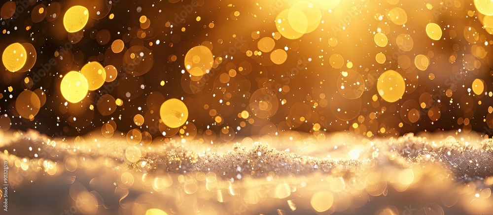 Poster winter postcard for merry christmas and new year featuring yellow bokeh lights and snow with a blank